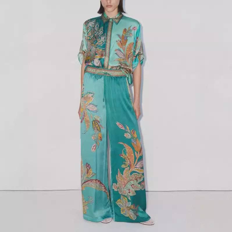 Set van twee stuks 2025 nieuwe vintage print satijnen set met retro chique en modern comfort voor groothandel op Faire5