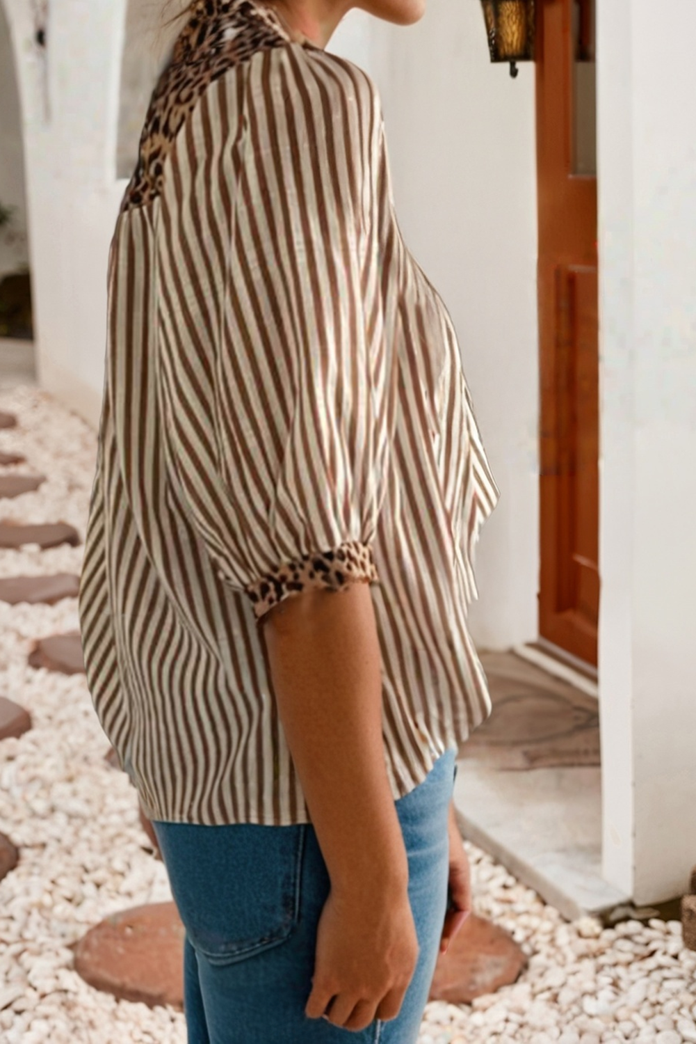 Brown Stripe LDC Leopard Trim V Neck Button Down Half Sleeve Shirt for wholesale on Faire1