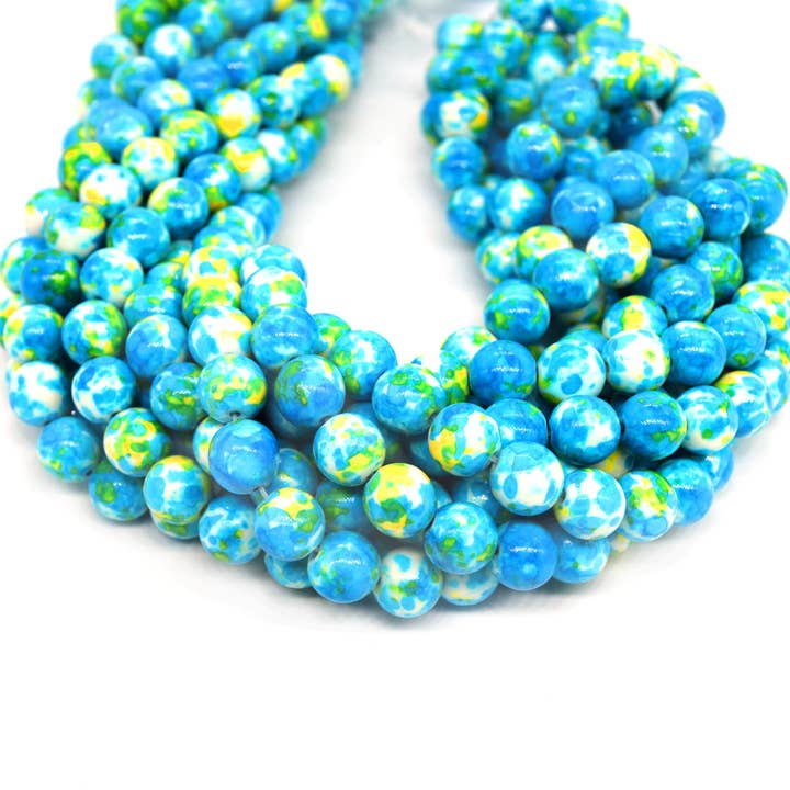 Dyed Mottled Jade Beads | Dyed Blue Yellow and White Round Gemstone Beads - 6mm 8mm 10mm 12mm Available for wholesale by Only Beads