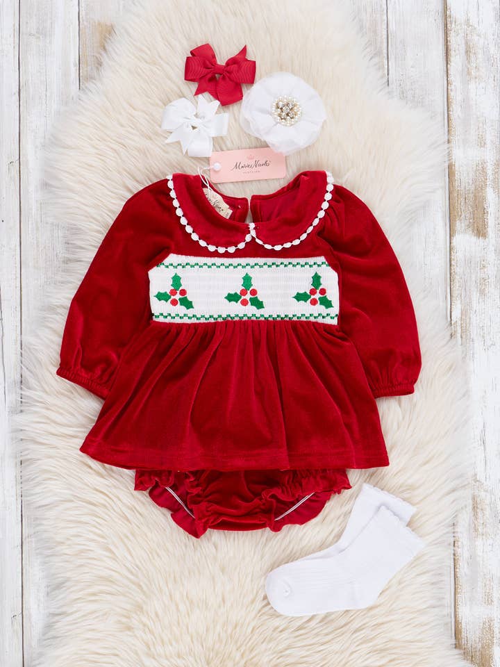 Marie Nicole Clothing - Wholesale Clothing Set - Baby - Red Smocked Holly Velvet Bloomers Outfit