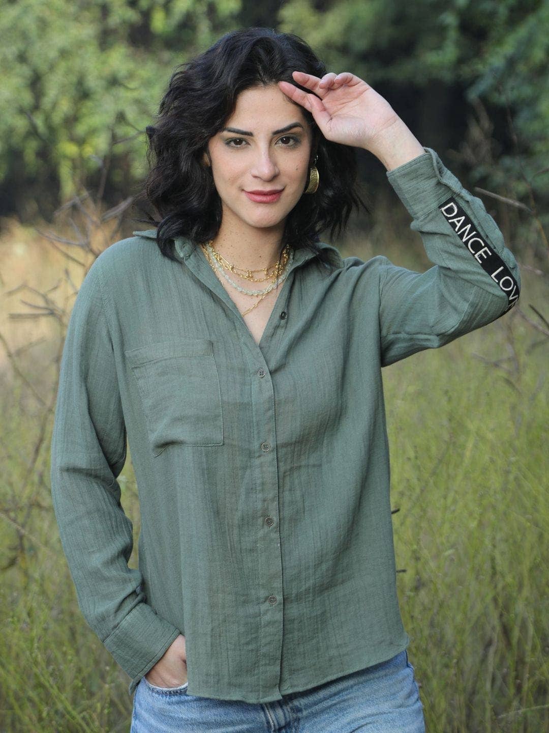 Olive cotton gauze blouse with heart embroidery for wholesale on Faire2