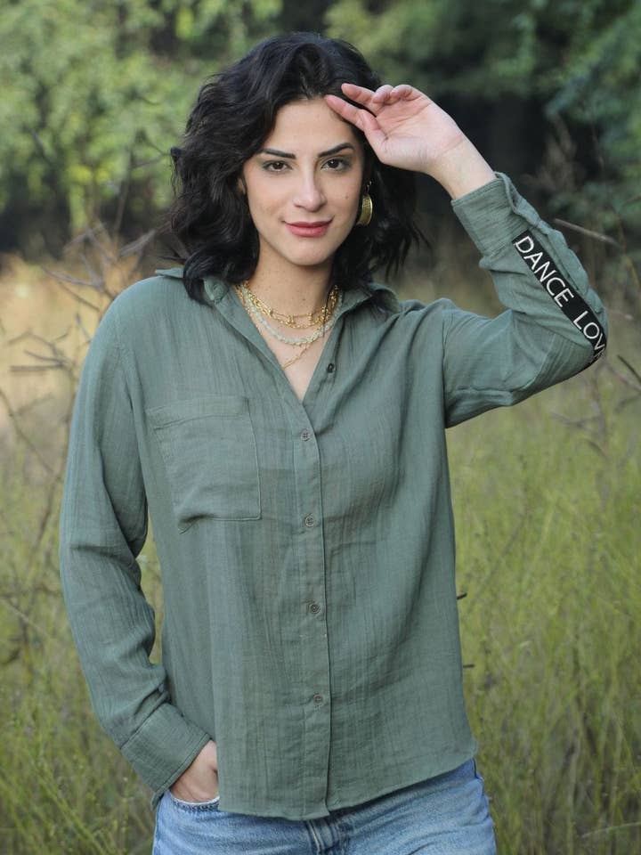 Olive cotton gauze blouse with heart embroidery for wholesale on Faire2