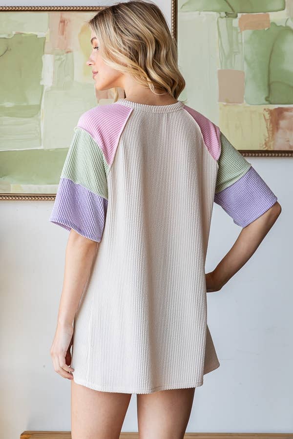 HEIMISH – Túnica - Mulher por atacado – ET7861-10 TOP URBANO CANELADO COM BLOCO DE COR7