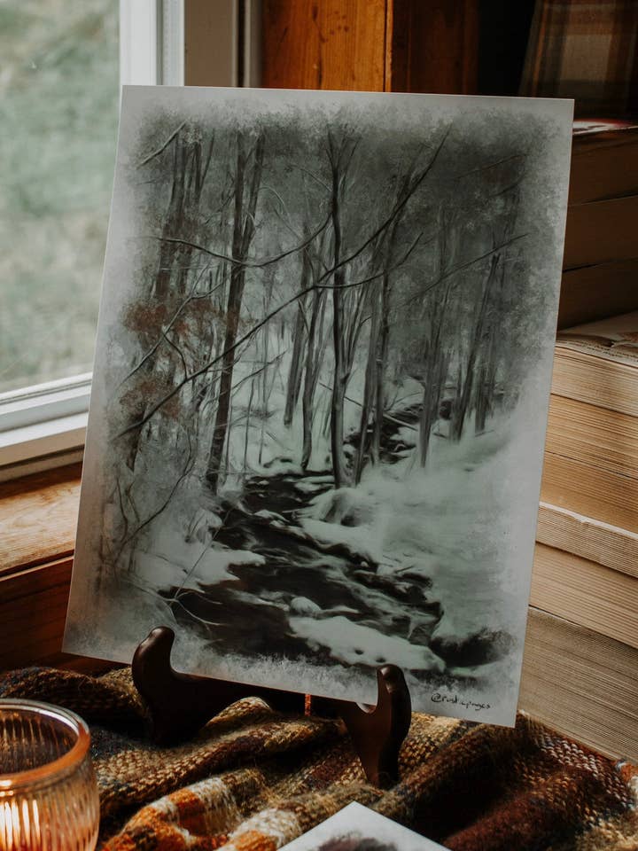Snowy Forest Creek Oil Painting Print for wholesale by RusticPagesCo