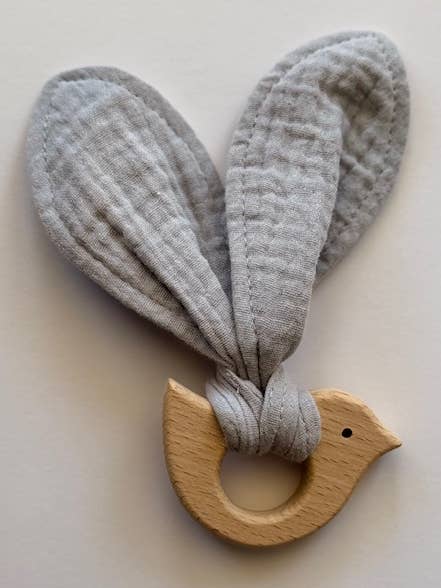 Dove Birchwood Teether-Organic muslin for wholesale by Mimi & Me