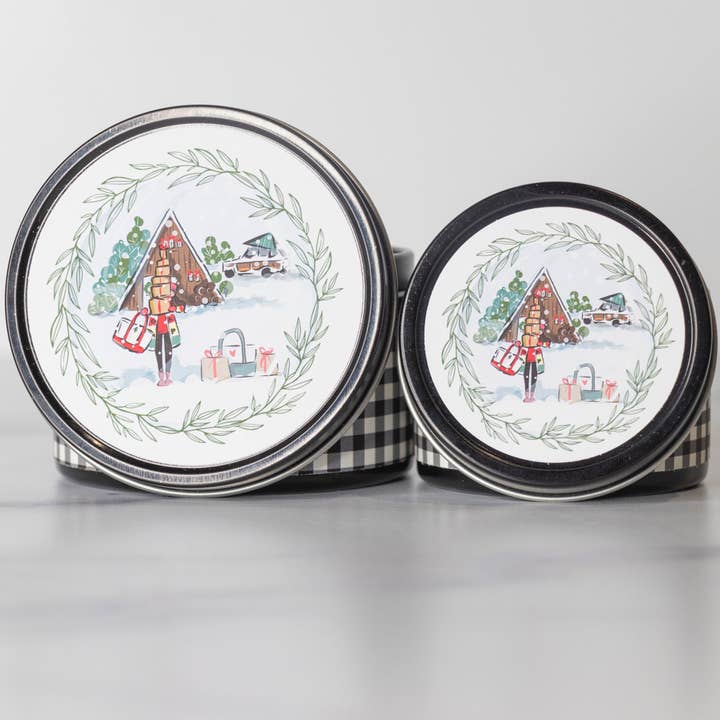 Holiday Snow Day Tin Can Candles for wholesale by Jennifer Vallez