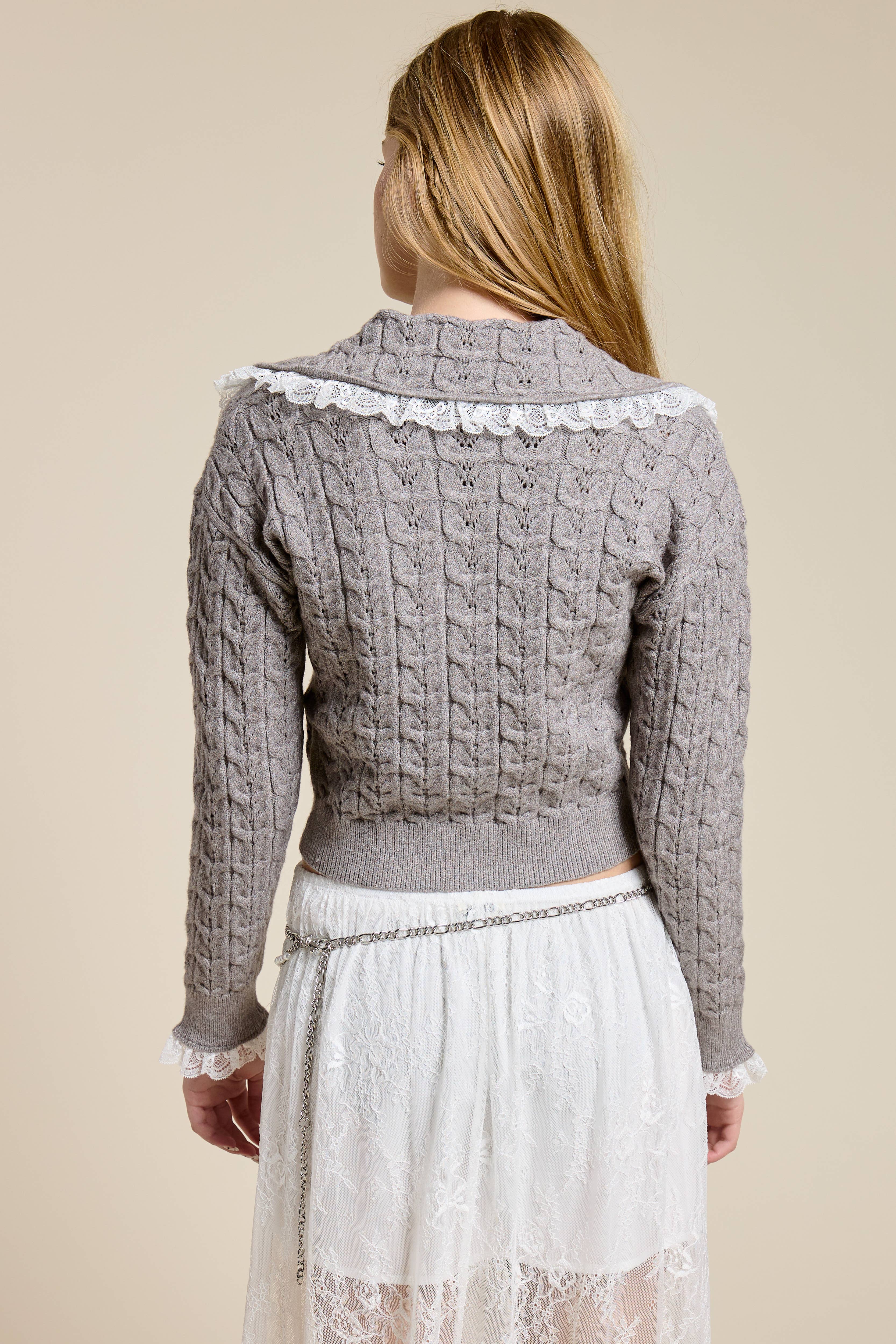 Mimosa - Wholesale Cardigan - Women's - Lace Trim Collar Cable Knit Cardigan4