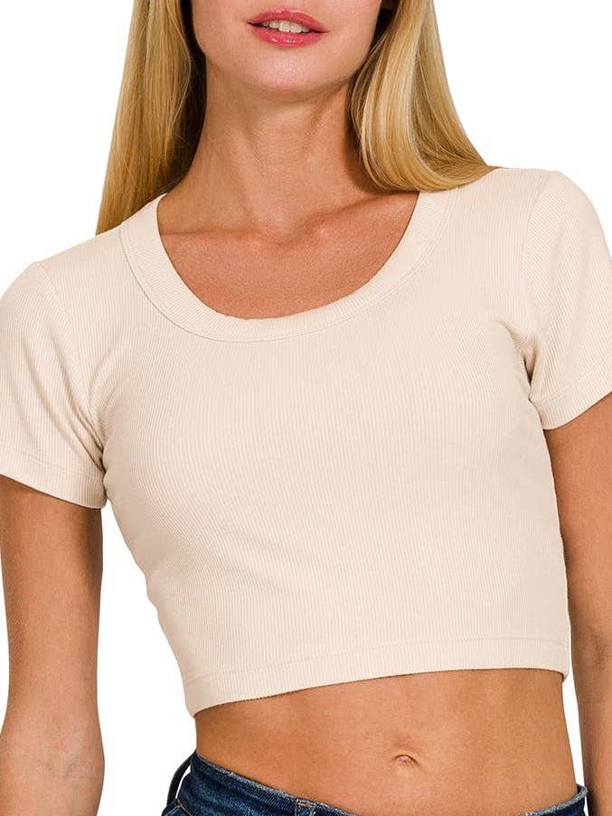 Ribbed Scoop Neck Crop Short Sleeve Top for wholesale by Vanilla Monkey