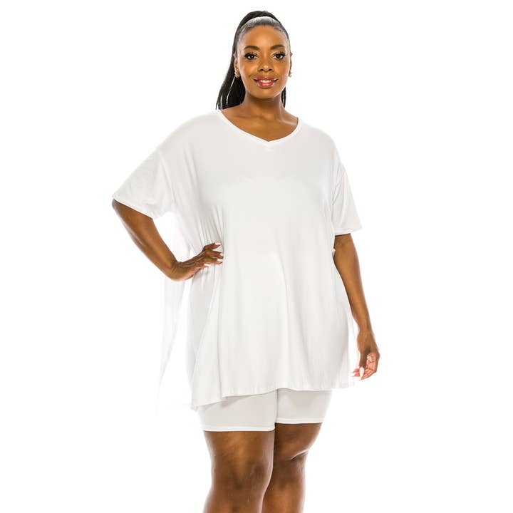 To Star - Wholesale Lounge Set - Women's - PLUS Oversized Side Split V-Neck Short Set
