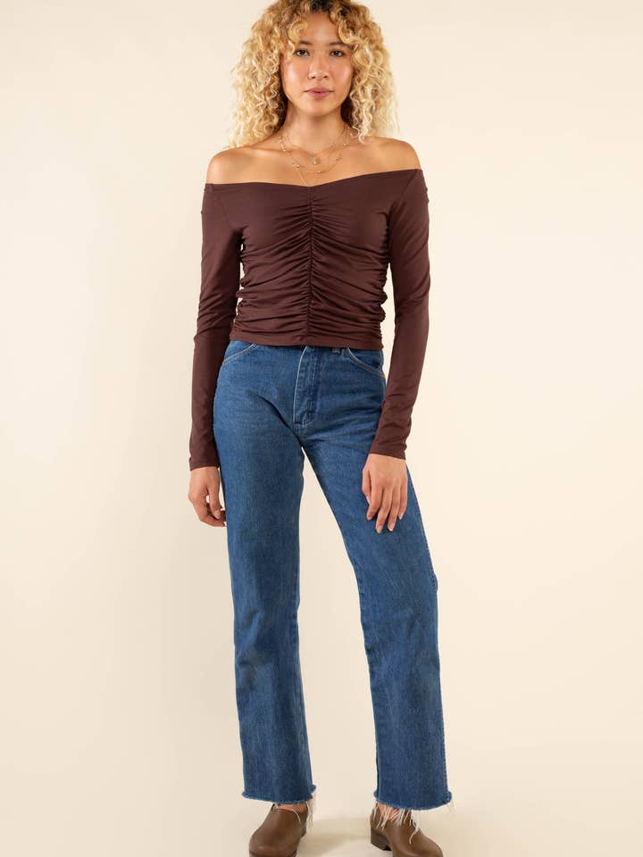 NLT – wholesale Knit top – Women's – Martel Ruched Long Sleeve Off Shoulder Top