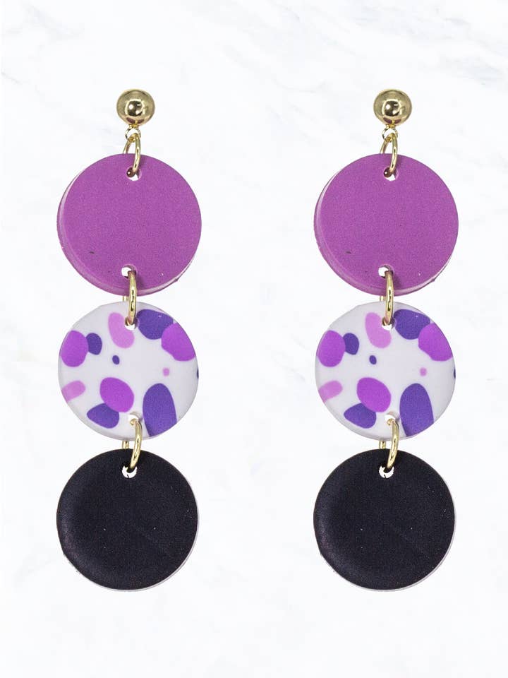 Three Round Colorful Clay Dangle Post Earrings for wholesale by Suzie Q USA