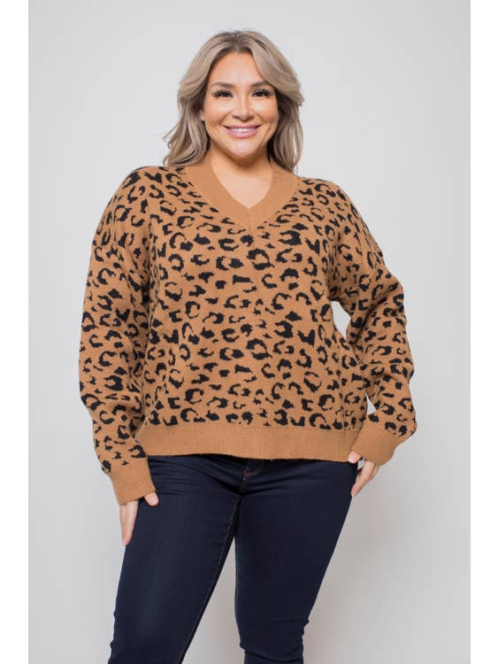 Curve Market - Wholesale Knitted jumper – Women′s - PLUS SIZE V NECK LEOPARD SWEATER1