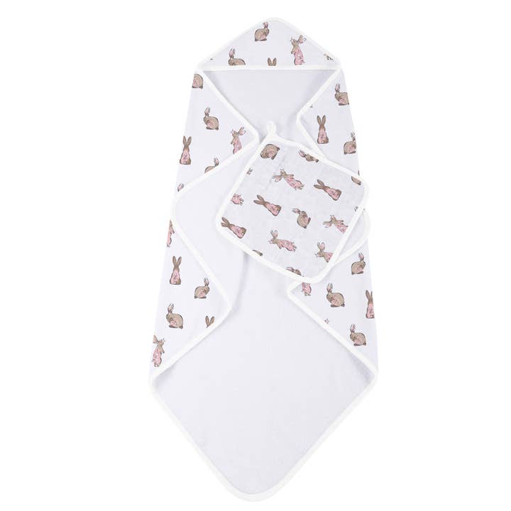 Powder Pink Bunnies Bamboo Hooded Towel and Washcloth Set for wholesale by Newcastle Classics