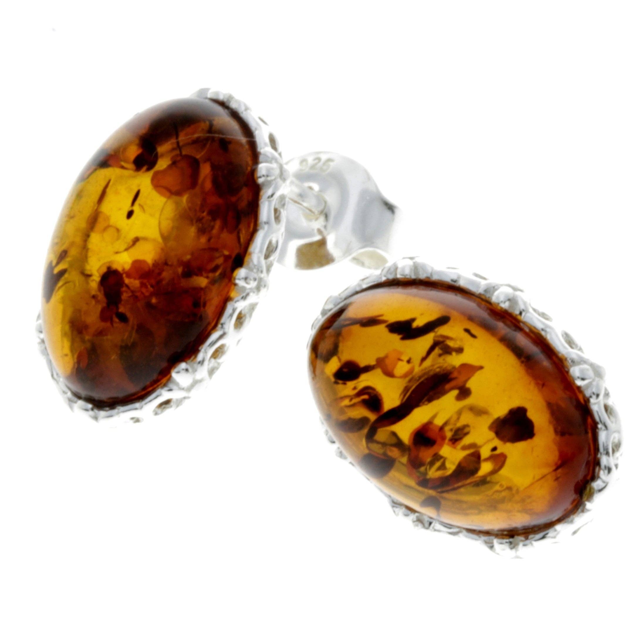 SilverAmber Jewellery - Wholesale Stud/Post Earrings - 925 Sterling Silver & Genuine Baltic Amber Classic Oval Studs Earrings - M6501