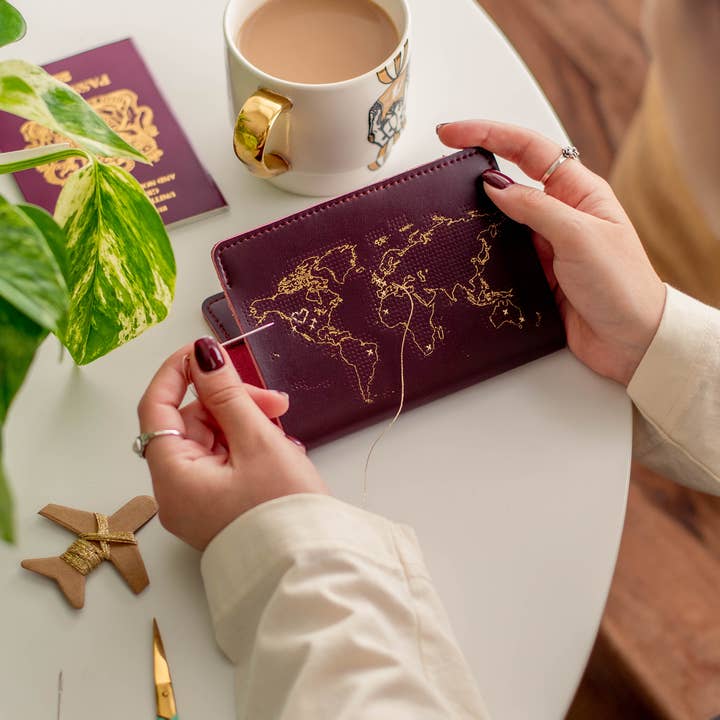 Stitch Where You've Been Passport Cover Kit - Maroon Leather for wholesale by Chasing Threads