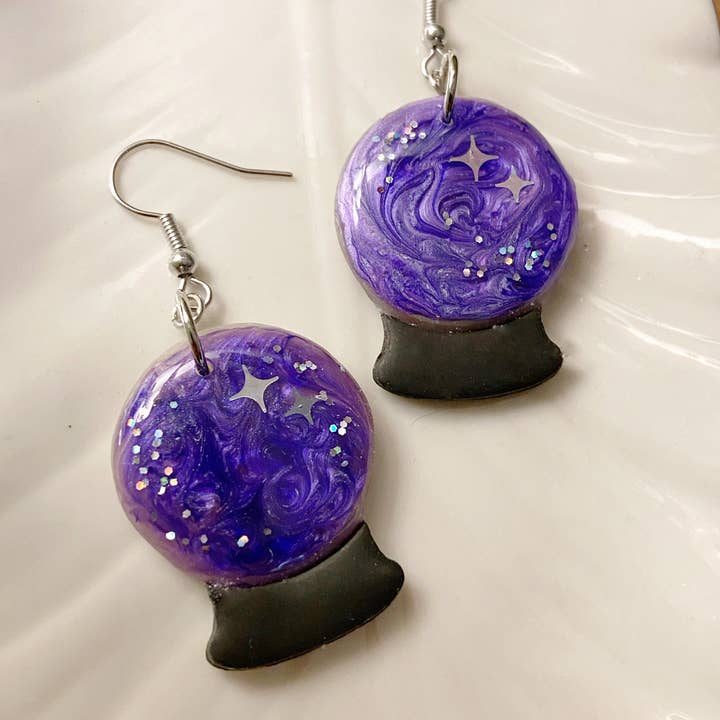 Desert Muse Studios - Wholesale Dangle Earrings - Fortune Teller- Purple crystal ball witchy magic polymer cla