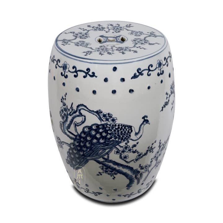 Asian Mix Interior – Engroshandel Taburet – Havepuffe med påfugl i blå og hvid3