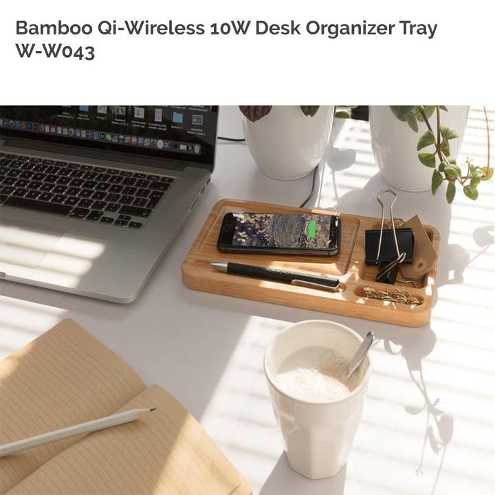 WUDN Handcrafted - Wholesale Desk Organizer - Solid Bamboo Desktop Organizer Tray with Wireless Charger (BLACKFOOT)
