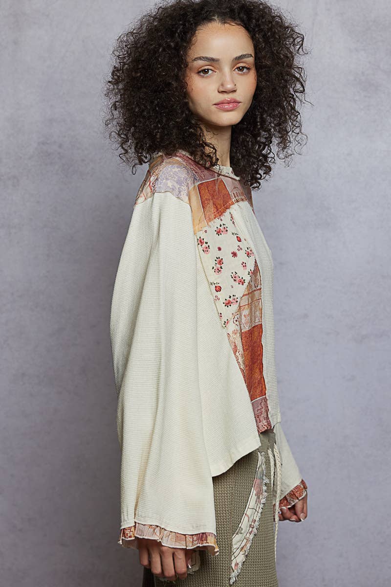 Pol Clothing - Wholesale Blouse - Women's - Long sleeve double gauze printed woven contrast top13