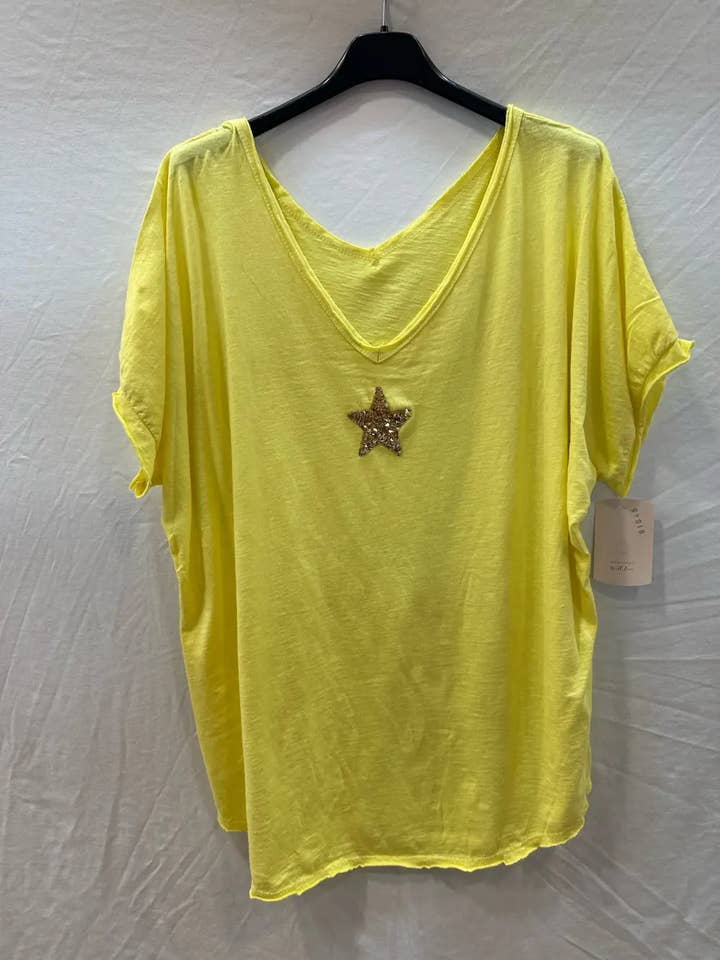 Mimi & Gogo – Großhandel T-Shirt – Damen – Damen-T-Shirt mit doppeltem V-Ausschnitt und Paillettenstern16