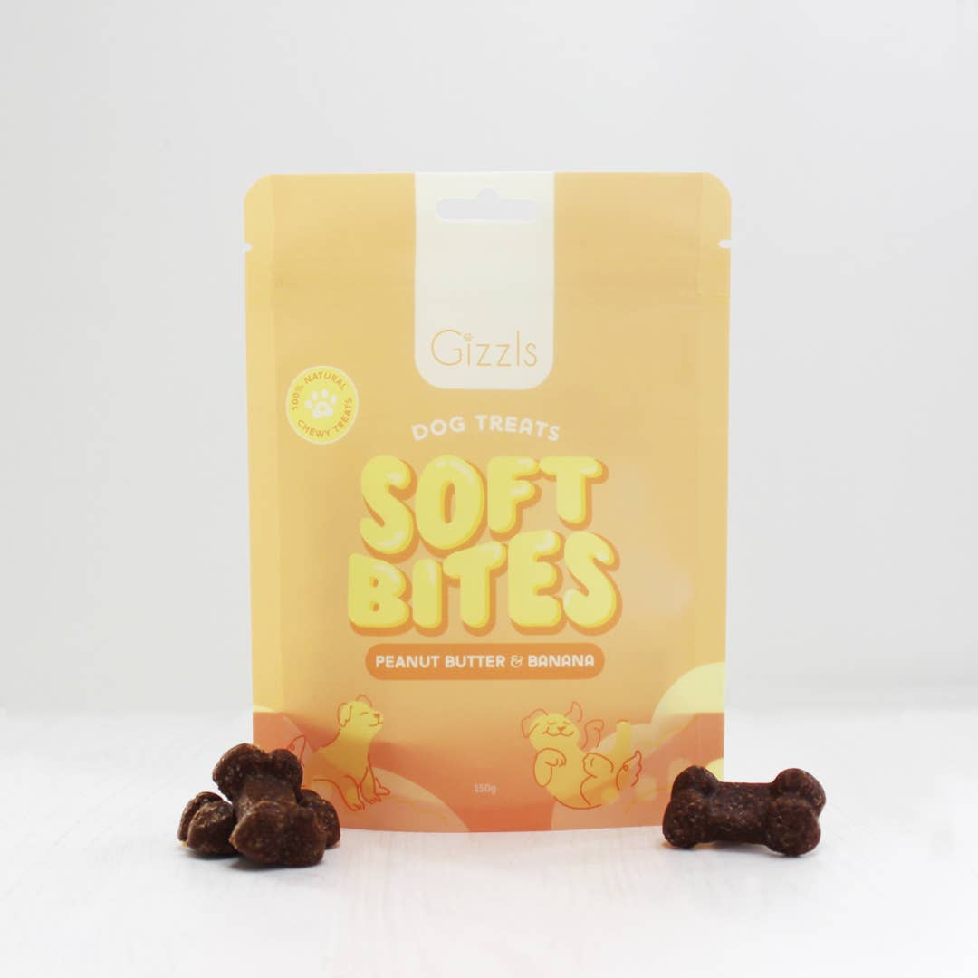 Gizzls – wholesale Pet treats – Dog – Gizzls Soft Bites Peanut Butter & Banana Dog Treats (150g)1