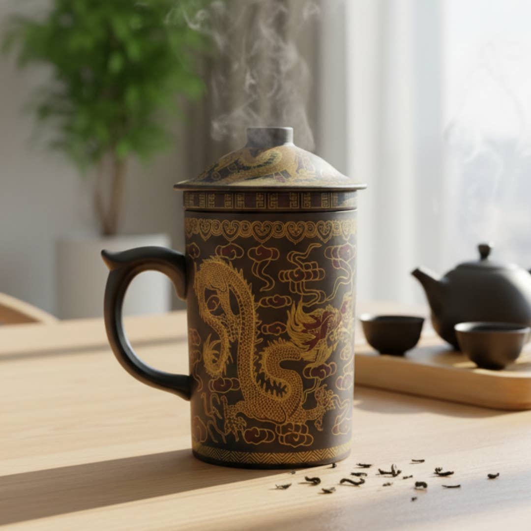 Original Source - Vente Tasse à café - Mug en argile Yi Xing avec dragon doré (marron)1