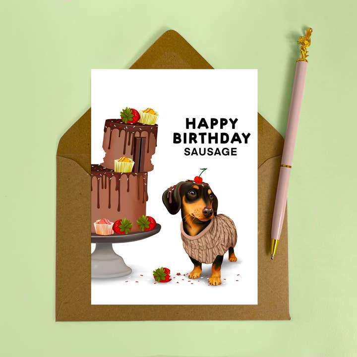 Zwart-bruine teckel/Sausage Dog verjaardagskaart voor wholesale door Hot Dog Greetings