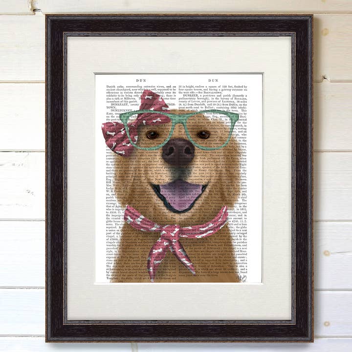 Golden Retriever, Glasses and Scarf, Dog Book Art Print for wholesale by FabFunky Ltd