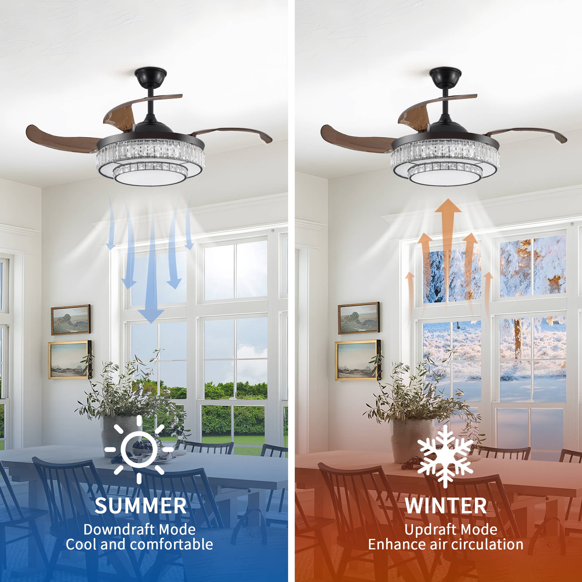 Black LED Retractable Ceiling Fan with Light and Remote Control for wholesale on Faire3