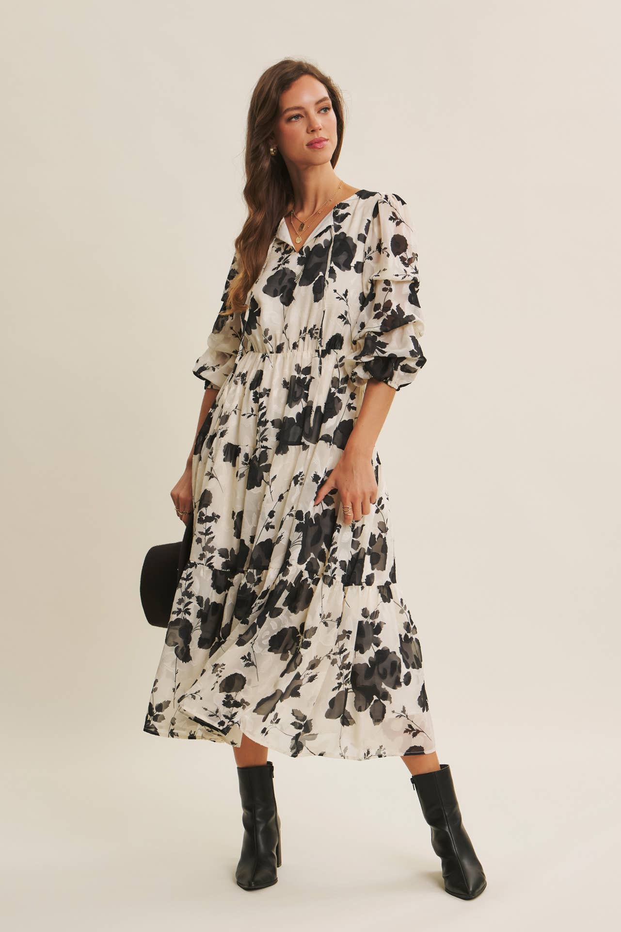 in february - Wholesale Dress - Women's - DREAMY JACQUARD FLORAL MIDI DRESS WITH STATEMENT SLEEVES1
