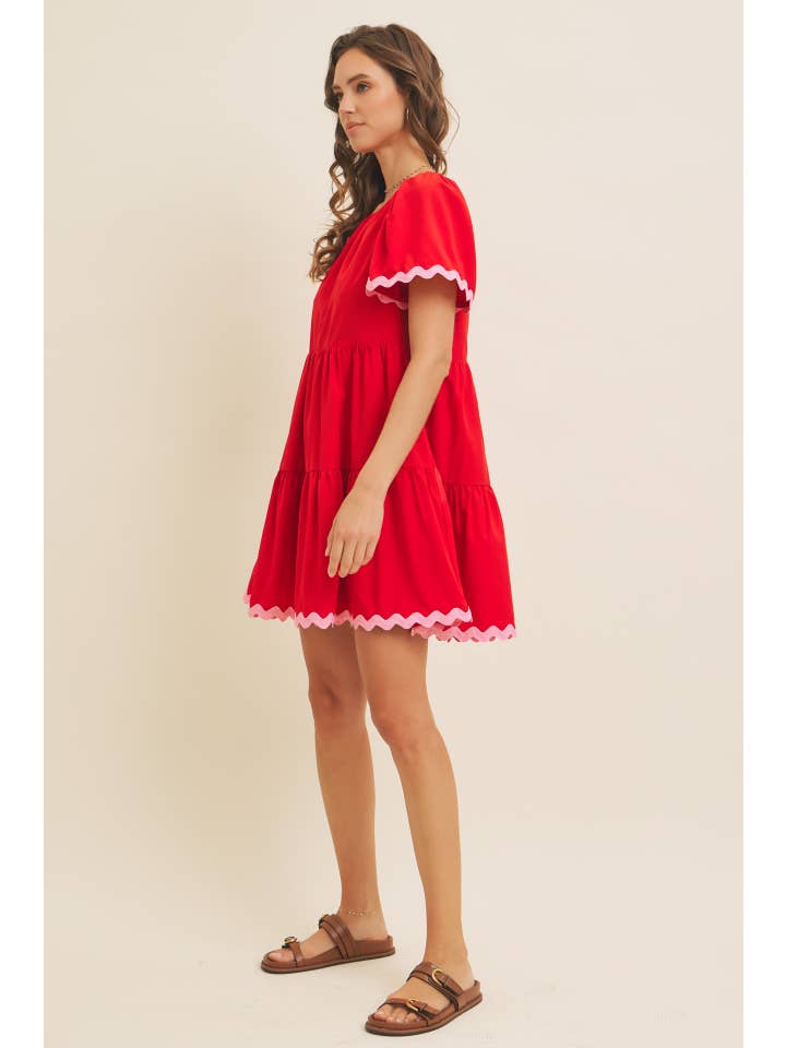 RED TIERED MINI DRESS WITH CONTRAST RIC RAC TRIM for wholesale on Faire