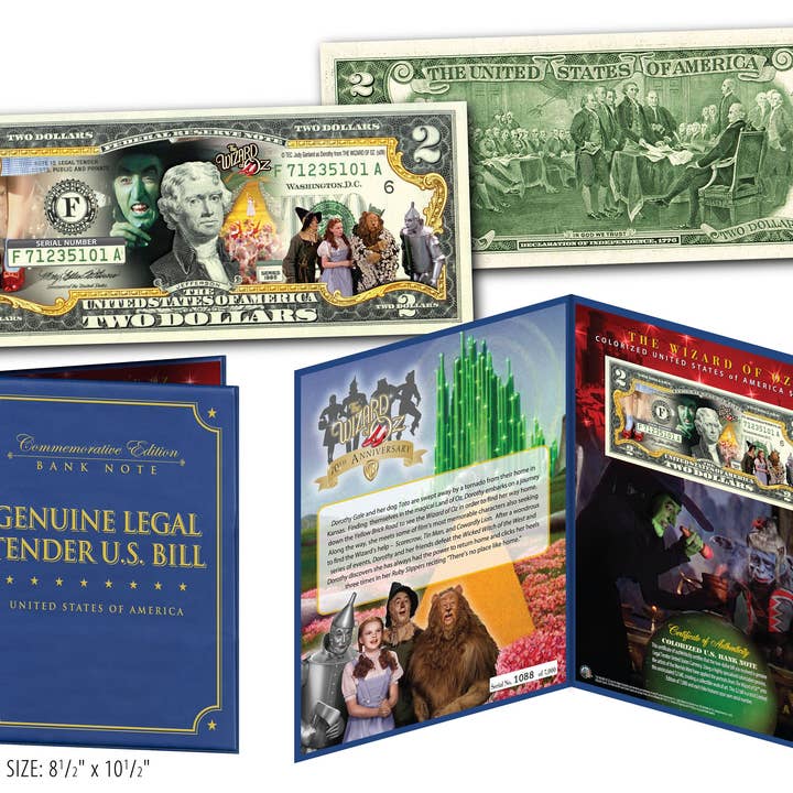 Wizard Of Oz *Ruby Red Slippers* Two Dollar Bill In Deluxe 70Th Anniversary Folio - Ships Fast & Free To U.S. for wholesale by The Merrick Mint