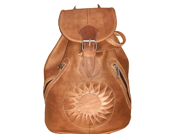 Hecho a mano – Großhandel Rucksack – Damen – Marrakech Lederrucksack mit doppeltem Reißverschluss und buntem Sonnenmotiv12