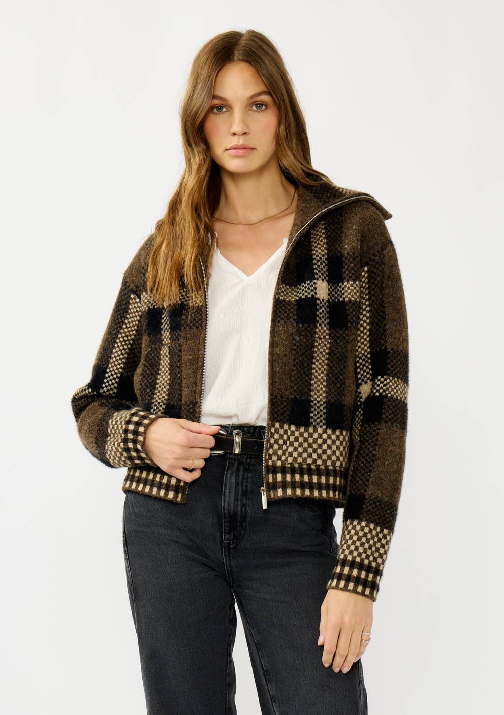 Lovestitch - Wholesale Bomber Jacket - Women's - Plaid Knit Zip-Up Bomber Jacket6