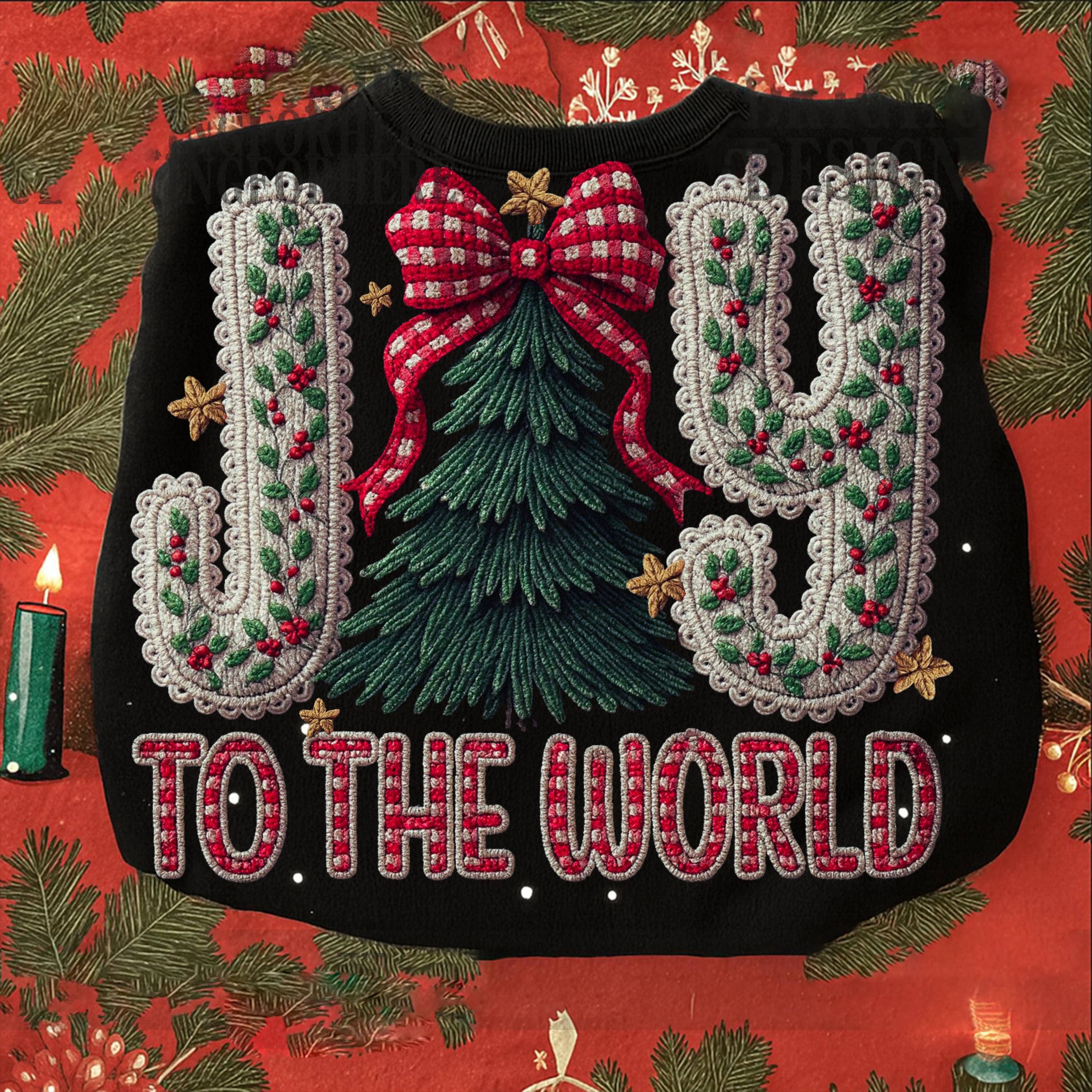 NVC Ecommerce LLC – wholesale T-shirt (graphic) – women's – Faux Yarn Crochet Joy To The Word Shirt, Jesus Xmas Sweater0