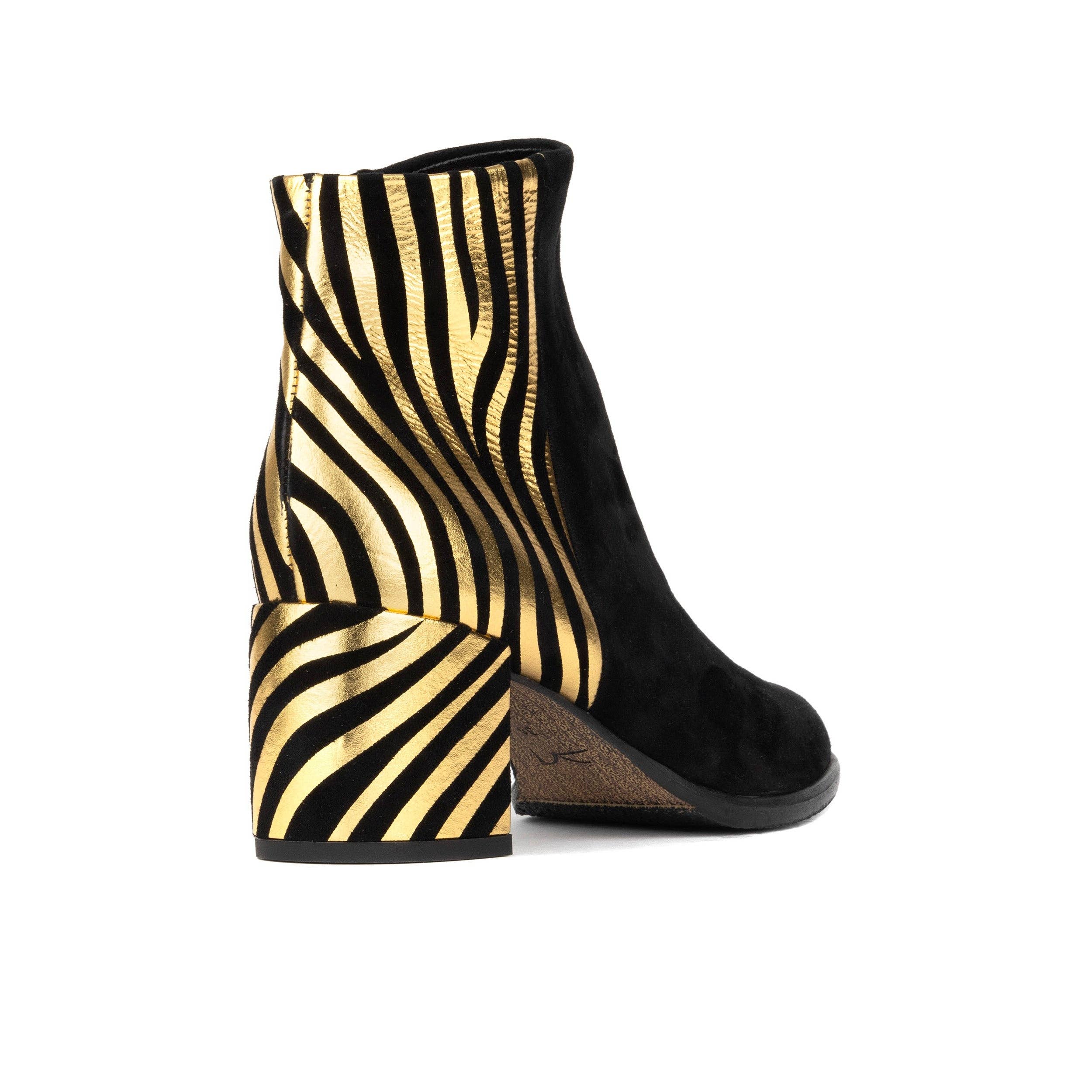 Embassy London – wholesale Booties – Women's – Impala - Black & Gold - Women's Suede Ankle Boot with Block Heel & Gold Foil Zebra Stripes3