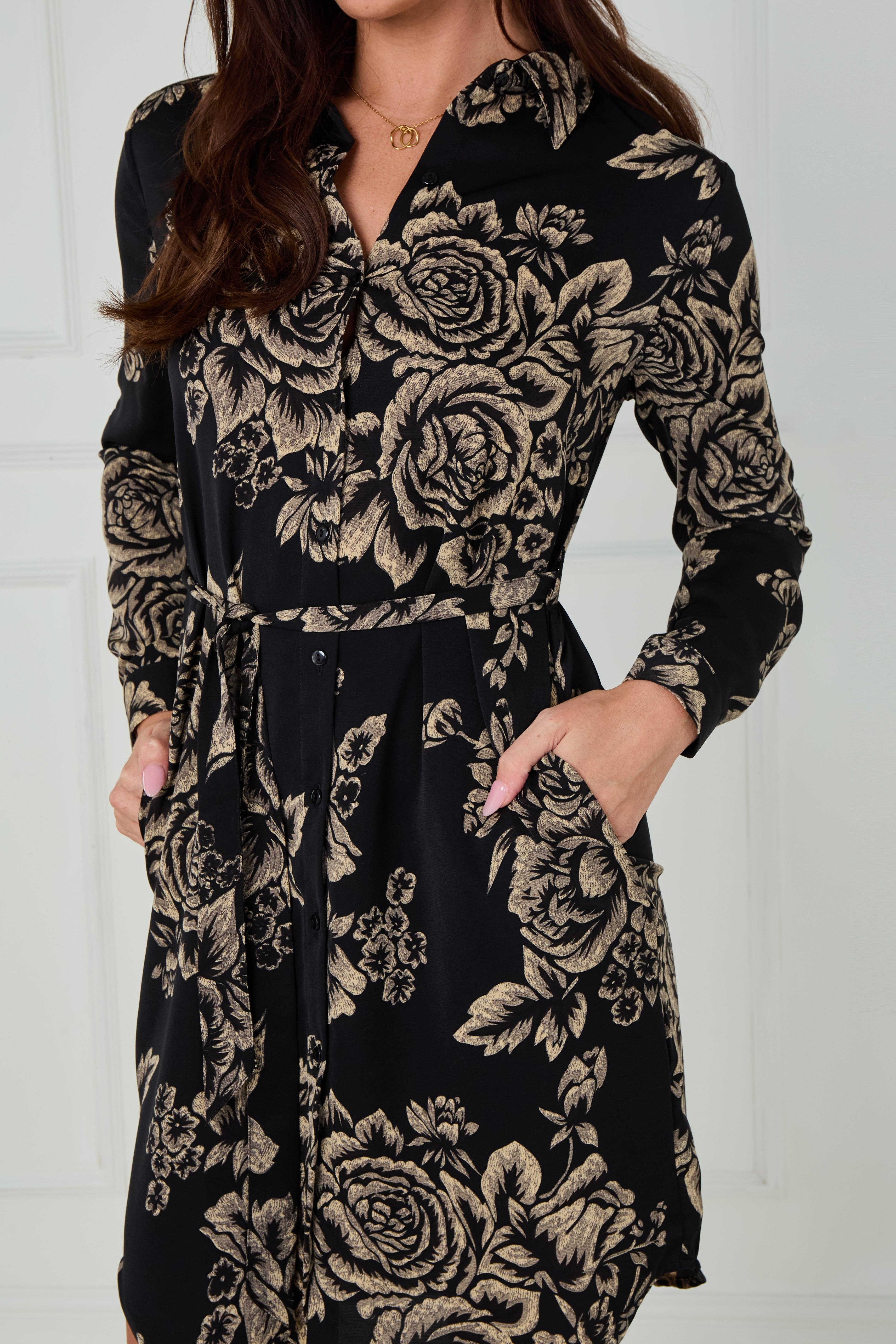 Black and Beige Rose Print Mini Shirt Dress for wholesale on Faire6