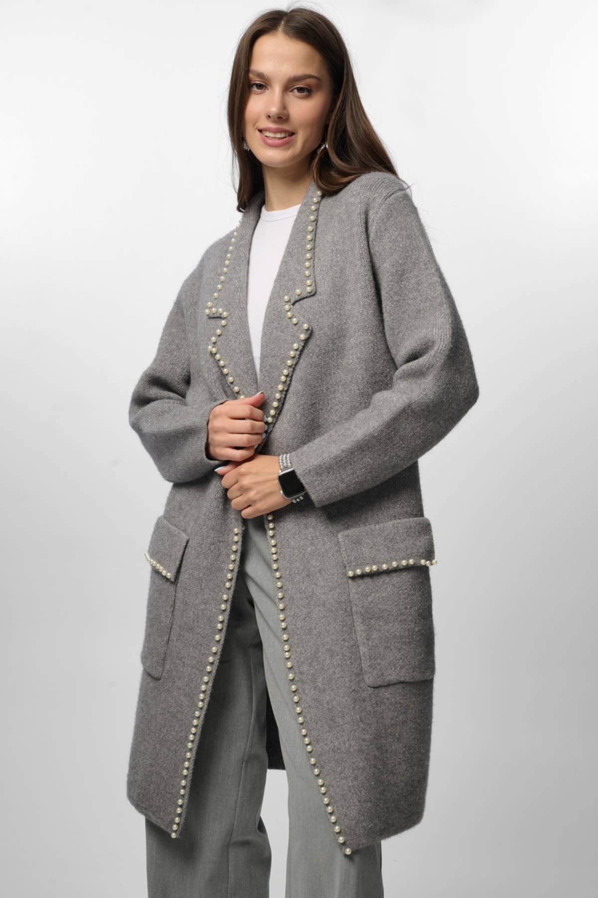 SAACHI - Wholesale Blazer - Women's - Pearl Trim Long Knit Blazer8