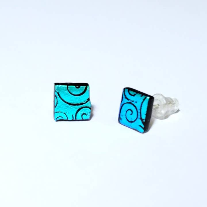 Eclectic Woodchuck - Wholesale Stud/Post Earrings - Turquoise Blue Dichroic Glass Square Stud Earrings1
