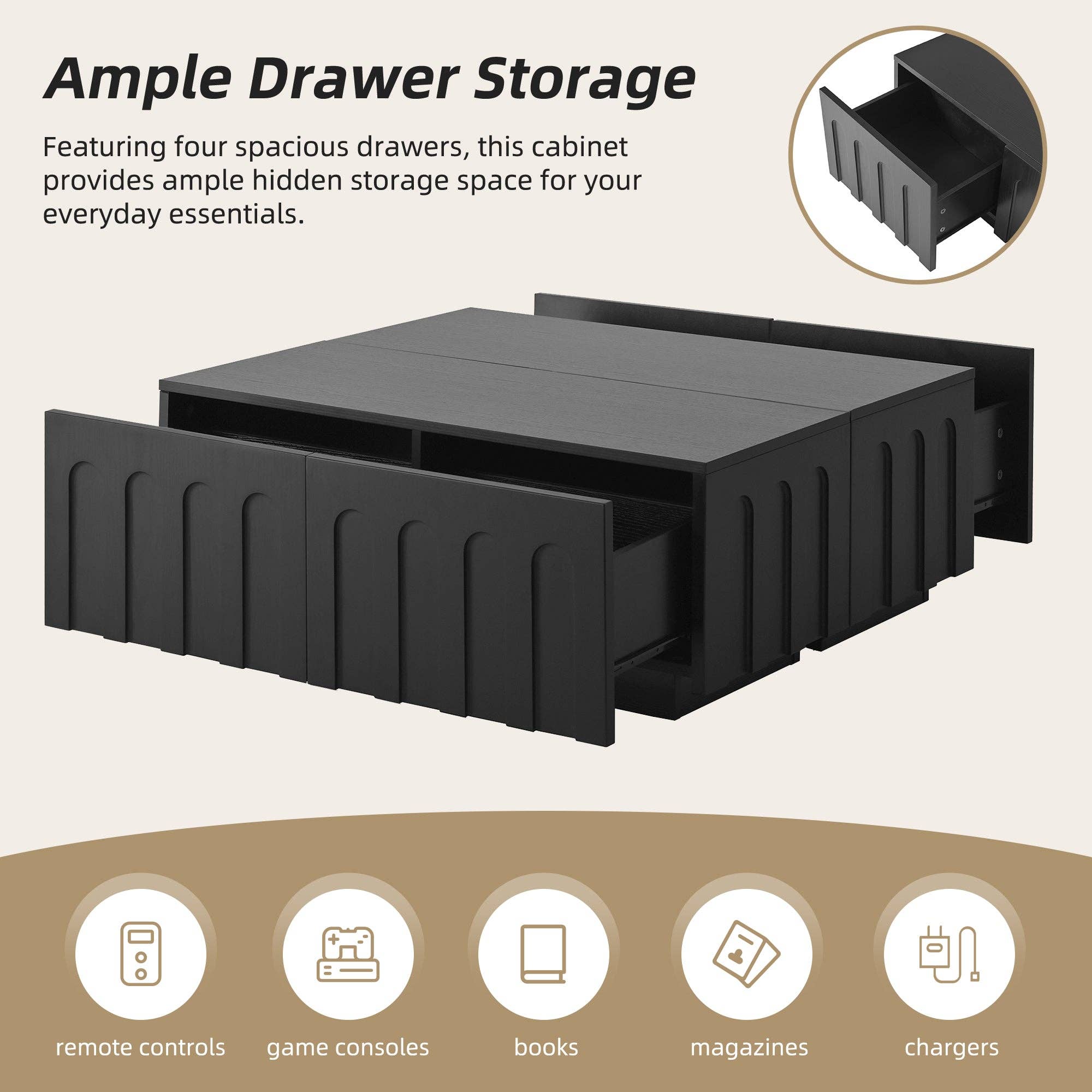 HOMYCASA DESIGN INC - Wholesale Console Table - ON-TREND Elegant TV Stand & Coffee Table Set of 2, Multi-Functional Media Console with Arched Design for TVs Up to 80', Modern Dual Purpose Center Table with Drawers for Living Room, Bedroom, Black3