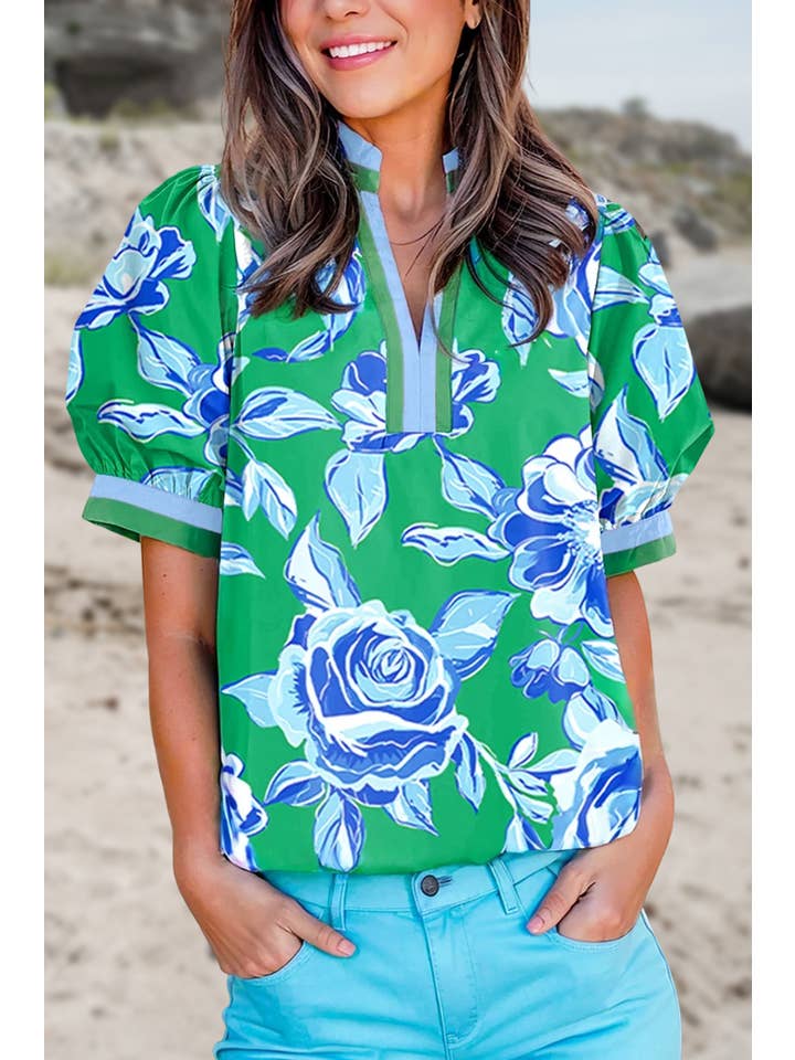As shown Chic Floral Print V Neck Short Sleeve Blouse | S-XL for wholesale on Faire