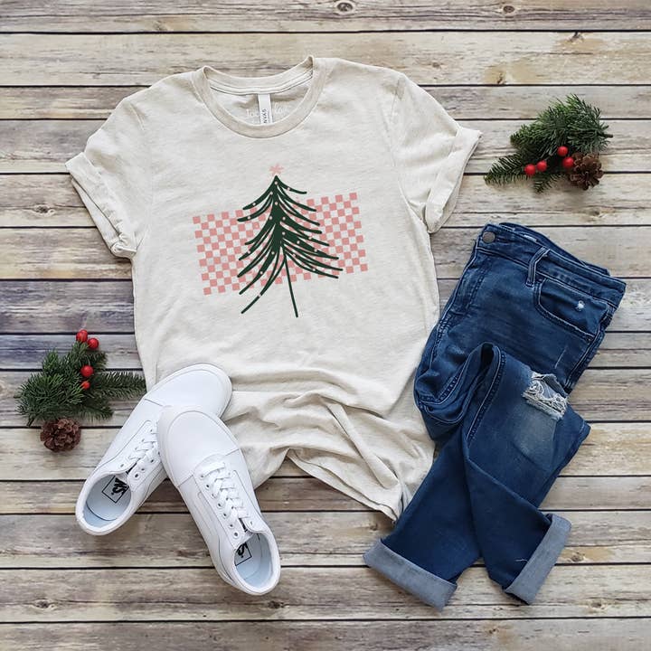 Loopty Loo Designs - Wholesale T-Shirt (Graphic) - Women's - CHRISTMAS TREE CHECKERS TEE | CHRISTMAS | SIZES XS-2XL