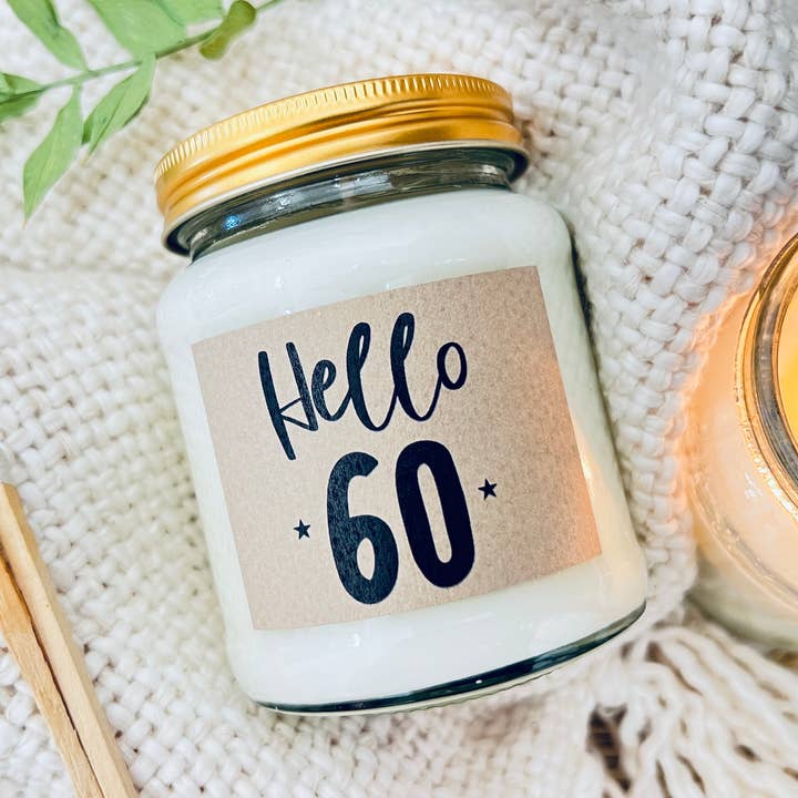 60 Milestone birthday age handmade soy scented candle for wholesale by Lollyrocket Candles Limited