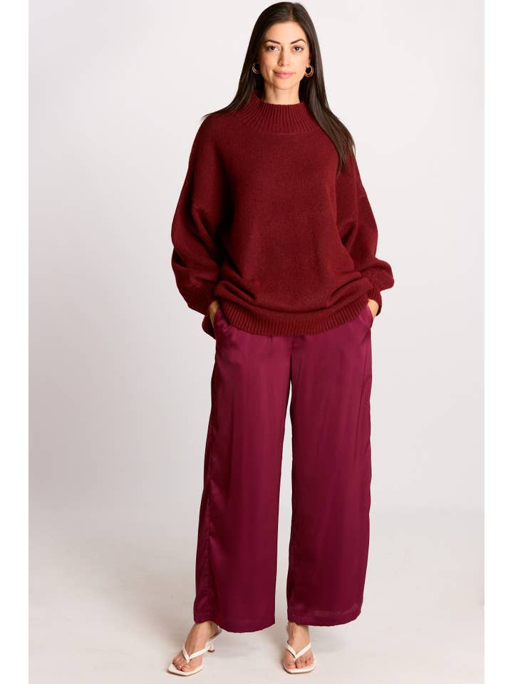 Maroon Knit Ribbed Funnel Neck Oversized Pullover for wholesale on Faire10