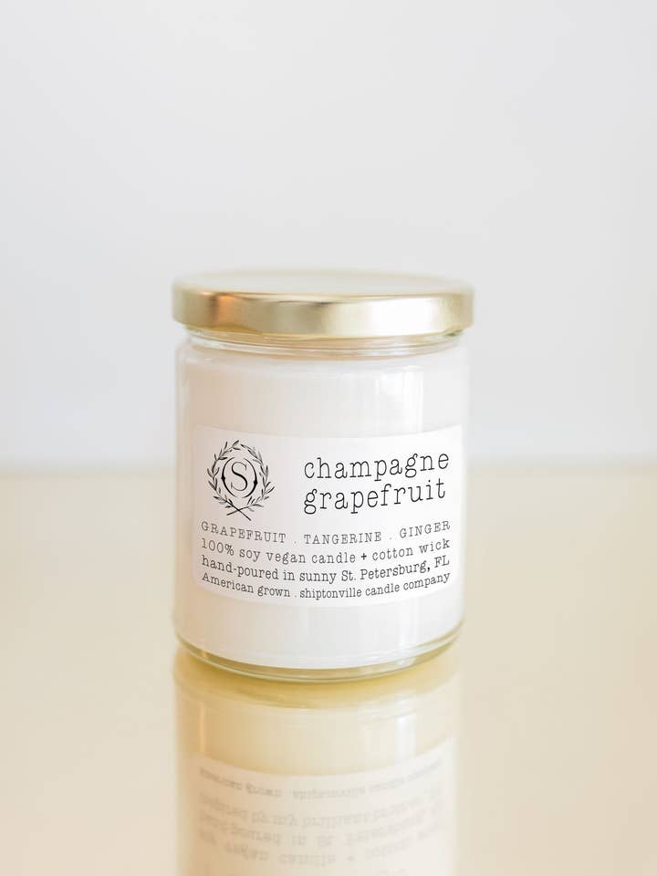 Champagne Grapefruit 9oz Soy, Candle hand-poured for wholesale by Shiptonville Candle Company