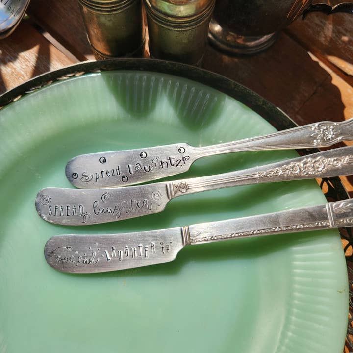 juNxtaposition® - Wholesale Cheese Spreader - SPREAD LAUGHTER hand stamped charcuterie knife spreader1