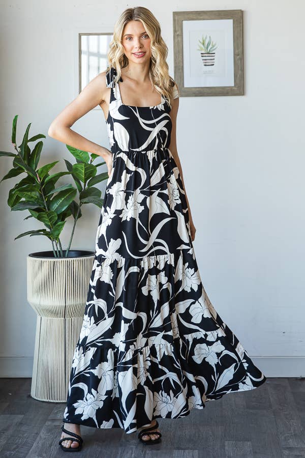 7th Ray - Vendita all'ingrosso Vestito - Donna - Vestito lungo a balze con spalline a fiocco e scollo quadrato floreale D592914