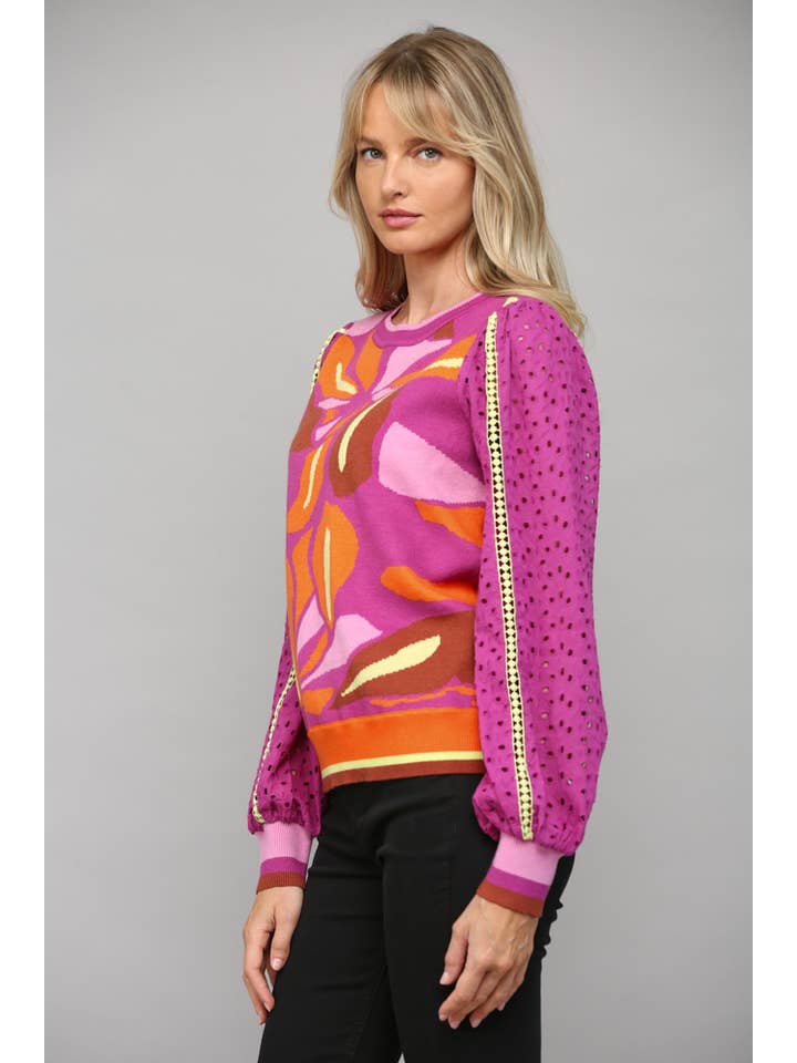 FATE - Wholesale Knit Sweater - Women's - CONTRAST LACE SLV JACQUARD SWEATER FW10014
