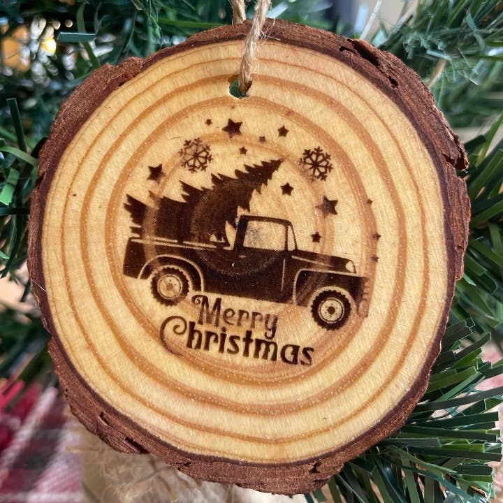 Merry Christmas Truck Ornament for wholesale by Engroovy Laser