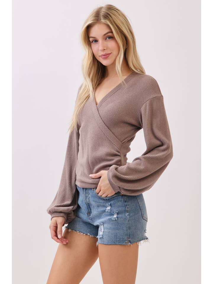 Final Touch – Engroshandel Strikket top - Dame – Børstet Ribbet Surplice Langærmet Top - NT315411